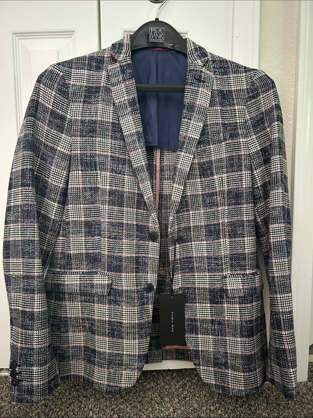 Zara Navy, White & Pink Plaid Men's Sport Coat